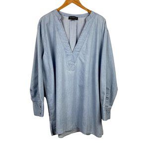 Eloquii Chambray Tunic Top 18 Blue Lightweight Denim V-Neck Long Sleeve Blouse